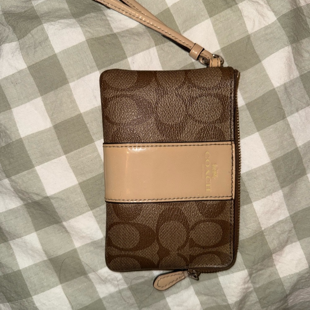 Coach Signature Brown and Cream Wristlet